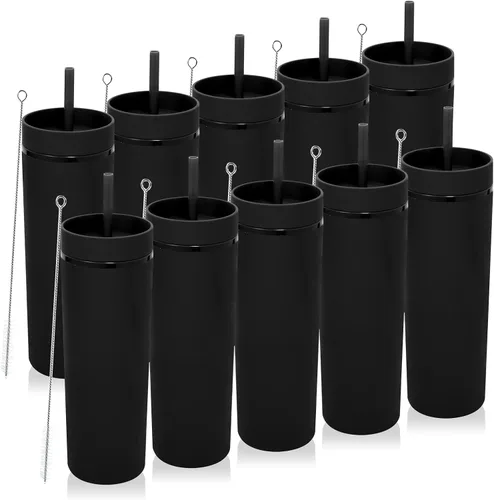 Miniatura 31 de Volhoply Paquete a granel de 4 vasos delgados de plástico de 20 onzas, vaso de doble pared con tapa y popote, taza reutilizable de viaje para café