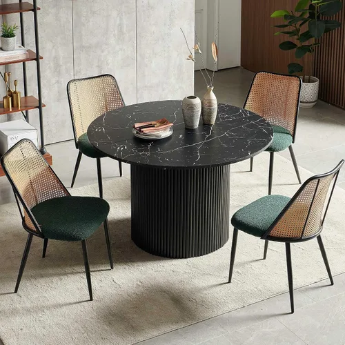 Miniatura 9 de NORDICANA Juego de comedor para 4 personas, moderno juego de sillas de mesa de cocina de 4 asientos con asiento beige y respaldo de ratán, mesa