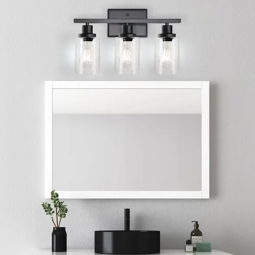 Miniatura 7 de Ascher Lámparas de Vanidad de Baño, 3 Apliques de Pared de Luz con Pantalla de Vidrio Transparente, Luces de Pared Negras para Espejo, Cocina, Sala