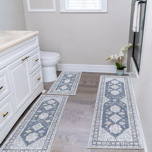 Miniatura 7 de HEBE - Juego de alfombras de cocina bohemias de 3 piezas con corredor, alfombras de cocina antideslizantes y tapetes lavables para piso de cocina