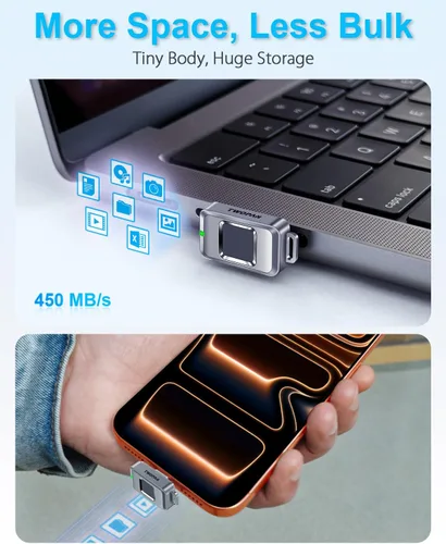 Miniatura 3 de TWOPAN Nano SSD de 256 GB, unidad flash USB C externa de almacenamiento SSD con bloqueo de huellas dactilares, hasta 450 MB/s, diseño para iPhone