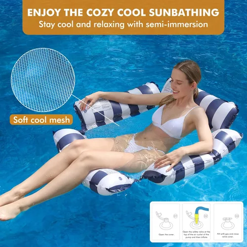 Miniatura 6 de Flotador inflable para piscina, para adultos y niños, hamaca flotante con patrón de rayas para fiesta en la piscina, diversión acuática de verano