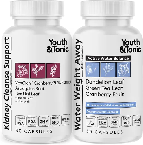 Youth & Tonic Píldoras diarias de retención de agua para limpiar los riñones, hinchazón y exceso de líquidos corporales y desechos metabólicos, 30 +