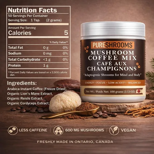Miniatura 2 de PureShrooms Café instantáneo de hongos con melena de león orgánica, reishi y cordyceps Arábica colombiana liofilizada 600 mg de extractos