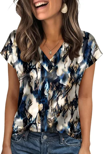 Miniatura 14 de Zeagoo - Camisetas de mujer de satén de seda, tops de manga corta con cuello en V, blusas para negocios y conjuntos casuales, talla S-2XL
