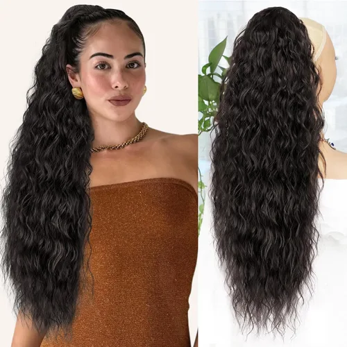 Miniatura 20 de ALXNAN Cola de caballo con clip de garra, extensión de cola de caballo marrón oscuro de 26 pulgadas para mujer, extensiones de cabello sintético