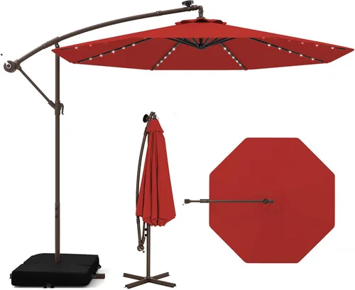 Miniatura 10 de Tangkula Sombrilla de patio de 10 pies con base incluida, sombrilla voladiza para exteriores con 40 luces LED solares, ajuste de inclinación, mango