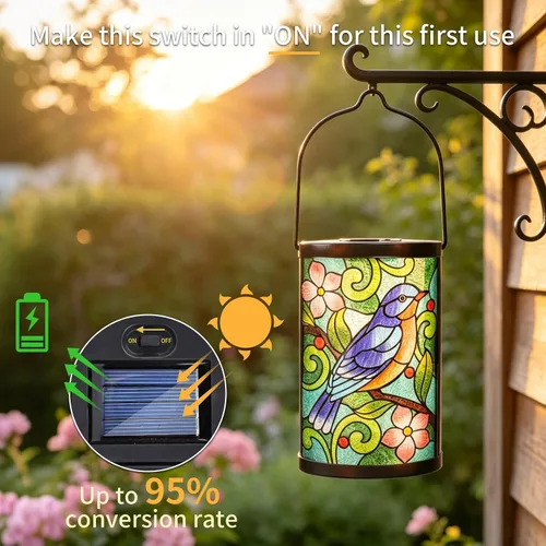 Miniatura 4 de Farol solar para exteriores, impermeable, colgante, luces solares de cristal de pájaro azul, faroles decorativos para exteriores, patio, césped