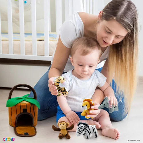 Miniatura 3 de Play22 Juego de 6 piezas de animales de la selva parlantes de felpa con transportador para niños, bebés y niños pequeños, elefante, tigre, león