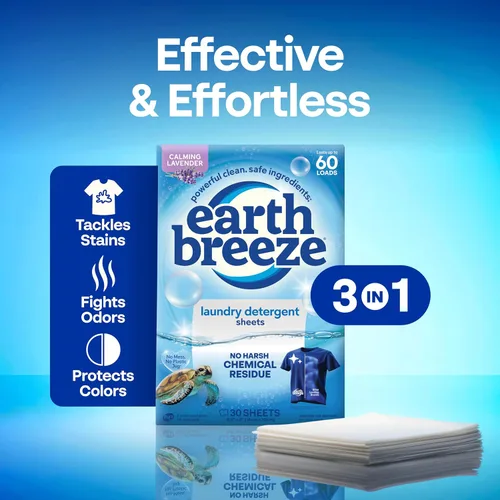 Miniatura 3 de Earth Breeze Hojas de detergente para ropa calmante lavanda, 60 cargas, sábanas ecológicas para lavandería, hojas de jabón de viaje para ciclos