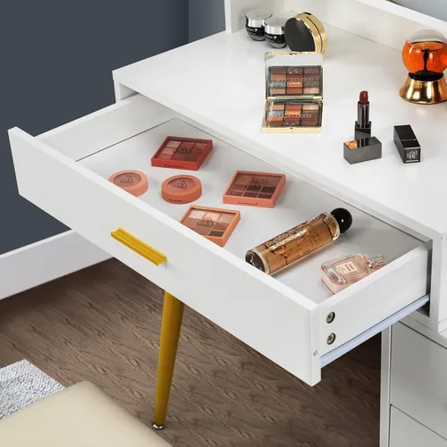 Miniatura 7 de VINGLI Juego de tocador con espejo iluminado, juego de mesa de tocador de maquillaje con 9 bombillas LED, estante de almacenamiento, cajones y Blanco