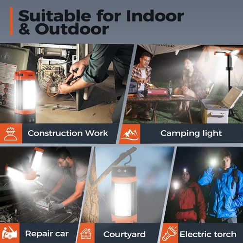 Miniatura 8 de Luz de campamento recargable de 12000 mAh con soporte ajustable, luz de trabajo inalámbrica con 3 cabezales de lámpara LED, linterna de emergencia