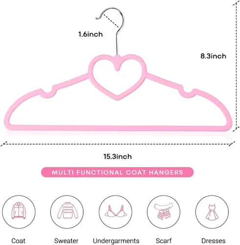 Miniatura 3 de Perchas de plástico, paquete de 20 unidades, perchas rosas ultra delgadas que ahorran espacio - Lindas perchas con forma de corazón en rosa, perchas