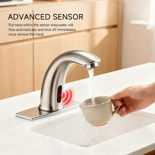 Miniatura 2 de Grifo de lavabo de baño sin contacto con sensor de movimiento automático, grifo de baño comercial con placa de cubierta, grifo de latón macizo de 1