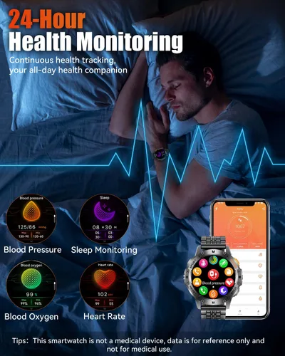 Miniatura 5 de Relojes inteligentes militares para hombres con llamada Bluetooth, reloj inteligente impermeable AMOLED de 1.43" con linterna, rastreador de fitness