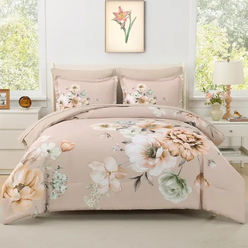 Miniatura 11 de Juego de edredón para cama Queen, juego de cama de 7 piezas en una bolsa, de microfibra suave, patrón floral de hojas negras sobre blanco