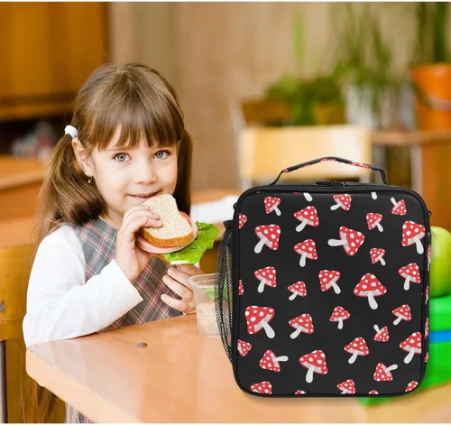 Miniatura 6 de Lonchera para niños y niñas, con diseño de hongos del bosque, con diseño de dibujos animados, con correa para el hombro, bolsas enfriadoras