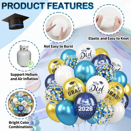 Miniatura 3 de Globos de graduación azules y dorados, 60 globos impresos con texto en inglés "Felicitaciones", 12 pulgadas, azul marino, blanco, azul, metálico