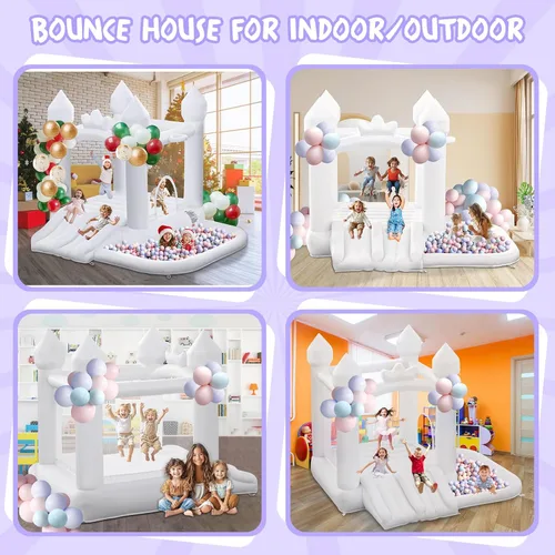 Miniatura 8 de FINCOME Casa inflable de rebote blanca, castillo inflable con doble tobogán de bolas de 370 W para niños pequeños, castillo inflable para interiores