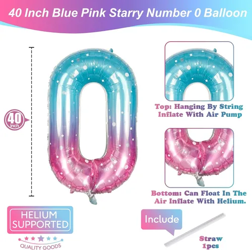 Miniatura 2 de Globos de Sirena Número 0 de 40 Pulgadas, Juego de Globos de Números Grandes Morado Verde Azulado Arcoíris 0-9, Globos de Números de Papel