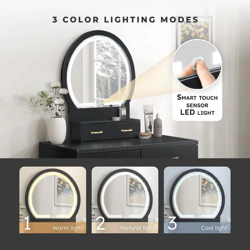 Miniatura 4 de Lexicon Tocador moderno con espejo, luces LED, 3 modos de iluminación, pequeño juego de tocador de maquillaje con 4 cajones y taburete acolchado