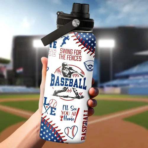 Miniatura 3 de Botella de agua de béisbol – Botellas deportivas aisladas de acero inoxidable de 32 onzas con tapa – Hombres amantes del béisbol jugador aficionado