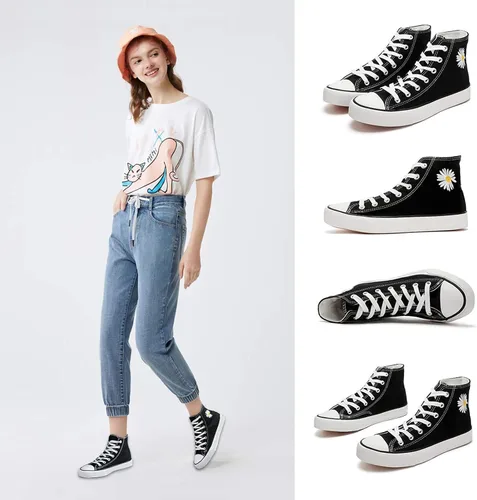 Miniatura 6 de Tenis de lona de caña alta con cordones para mujer, estilo informal, ideales para caminar