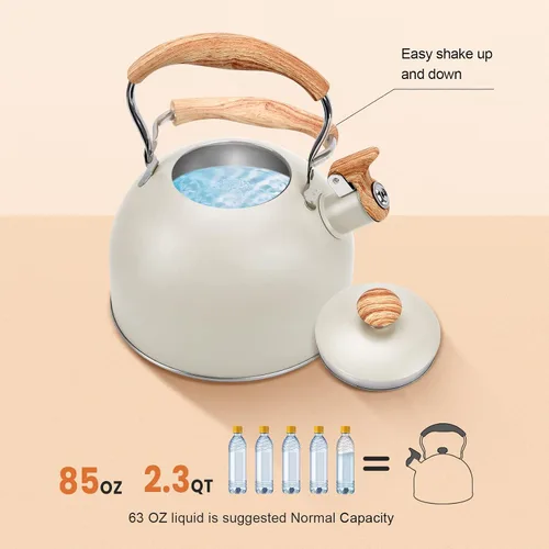 Miniatura 3 de Hervidor de Té Foedo para Estufa, Teteras Silbantes de 2.6 Cuartos para Estufa, Mango Plegable Resistente al Calor, Tetera Bonita (Beige)
