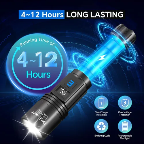 Miniatura 4 de Paquete de 3 linternas recargables de altos lúmenes, linterna súper brillante con pantalla digital LCD, linterna LED ajustable de 5 modos, linternas