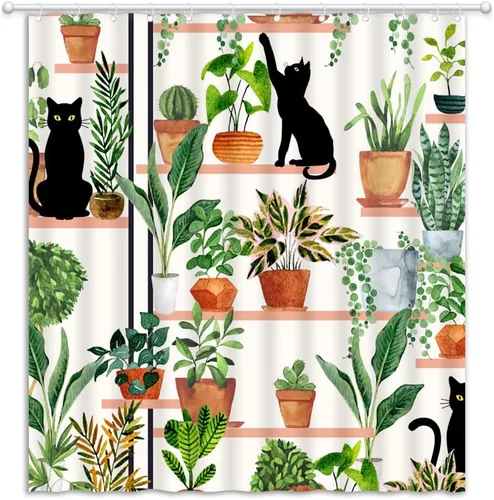 Miniatura 2 de Cortina de ducha con diseño de plantas y gatos, diseño de gatito negro, diseño bohemio, hojas verdes en maceta, tela estética botánica, cortinas