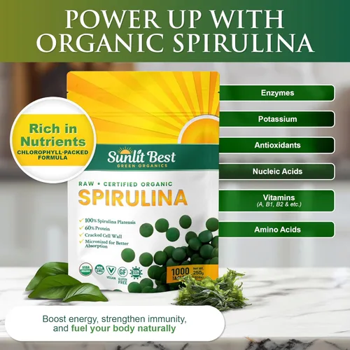 Miniatura 2 de Sunlit Best Spirulina Tablets – Tabletas orgánicas de espirulina USDA Premium 1000 unidades – Espirulinas naturales explosión orgánica para apoyo