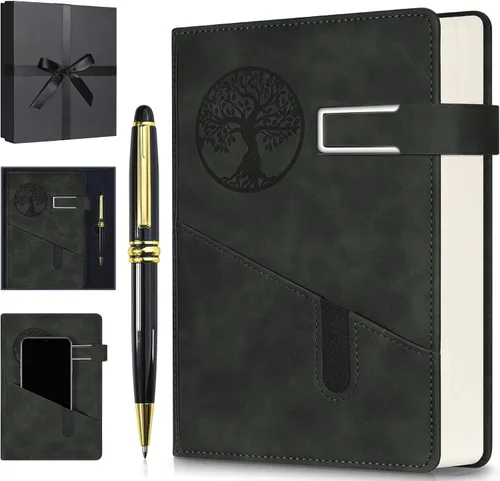 Cuaderno Diario Rayado para Hombres y Mujeres, Cuaderno de 365 Páginas Numeradas con Rayado Universitario, Diario de Cuero de Tapa Dura con Negro