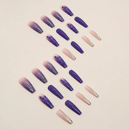 Miniatura 4 de Uñas postizas de bailarina moradas de larga duración, 24 uñas postizas reutilizables de cobertura completa con pestañas adhesivas, uñas postizas
