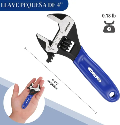 Miniatura 3 de WORKPRO Llave ajustable mini de 4 pulgadas, llave de mandíbula ancha de acero Cr-V con óxido negro para tuercas pequeñas, escalas métricas y SAE