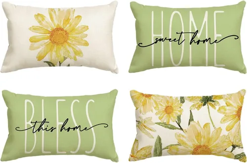 Miniatura 18 de AVOIN colorlife Home Sweet Home - Juego de 4 fundas de almohada amarillas para primavera y verano, 16 x 16 pulgadas, funda de cojín azul para sofá