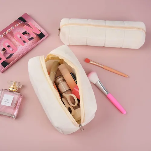 Miniatura 2 de SOIDRAM Bolsa de Maquillaje a Cuadros Bolsa Cosmética de Felpa Blanca Bolsa de Maquillaje 1 Pieza de Gran Capacidad Bolsas de Maquillaje y 1 Pieza