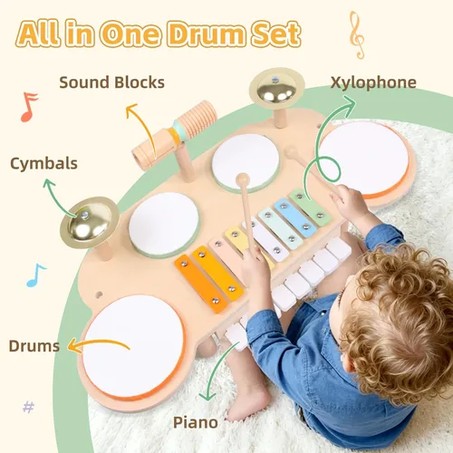 Miniatura 2 de Juego de batería para niños pequeños, instrumentos musicales de madera para bebés de 1 a 3 años, juego de mesa de actividades musicales con piano