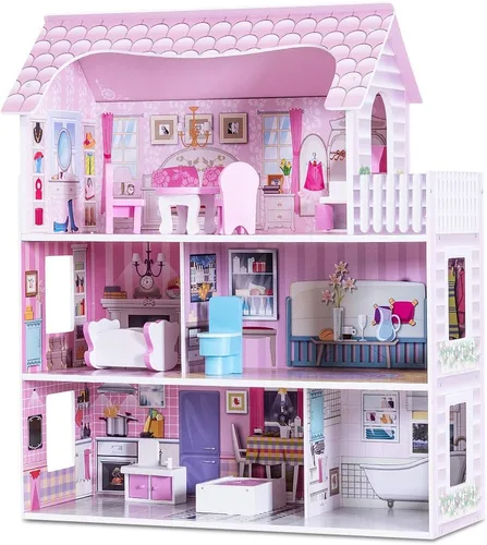 Miniatura 10 de HONEY JOY Casa de Muñecas Rosa, Casa de Muñecas de Madera para Niños con Balcón y Escaleras, 15 Piezas de Accesorios y Muebles Incluidos, Juguete