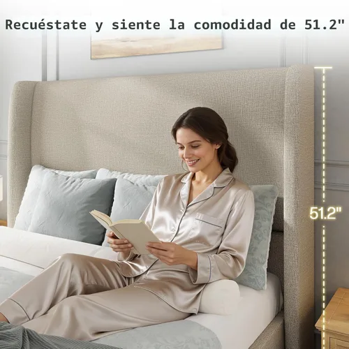 Miniatura 4 de Jocisland Base de cama tamaño Queen de 51.2 pulgadas de alto, tapizada, con cabecero con respaldo de ala, no necesita somier, fácil montaje