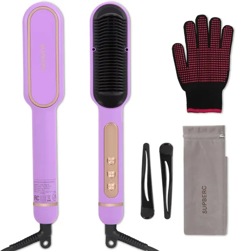 Miniatura 8 de Cepillo alisador de cabello iónico negativo con 9 ajustes de temperatura, peine alisador de cabello de calentamiento rápido de 30s con pantalla LED
