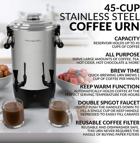 Miniatura 6 de Homecraft Urna de café de 100 tazas y dispensador de bebidas calientes con grifo antigoteo, preparación rápida, urna de café de acero inoxidable