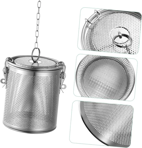 Miniatura 8 de Yardwe Cesta guisada de acero inoxidable, colador de cocina para condimentos, infusor de especias con gancho de cadena larga, ideal para sopas