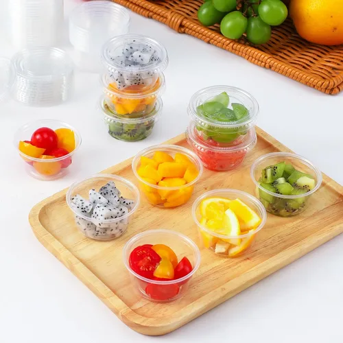 Miniatura 5 de AOZITA Juego de 400 vasos para shots de gelatina de 2 onzas con tapas, apilables, seguros para alimentos, desechables, vasos de plástico