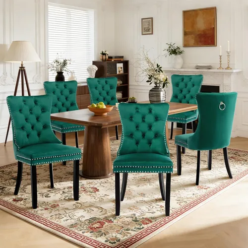 Miniatura 129 de Juego de 4 sillas de comedor de terciopelo, sillas de comedor tapizadas con ribete de cabeza de clavo y patas de madera maciza para cocina