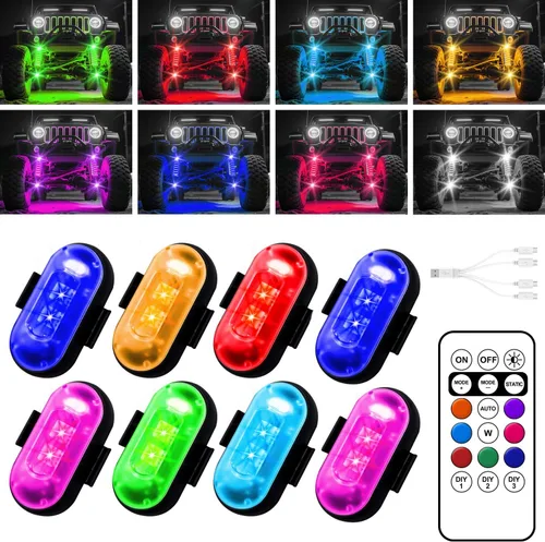 Luces LED inalámbricas para automóvil, luces de roca inalámbricas con 8 colores, 10 modos, luz de advertencia estroboscópica LED, motocicletas,