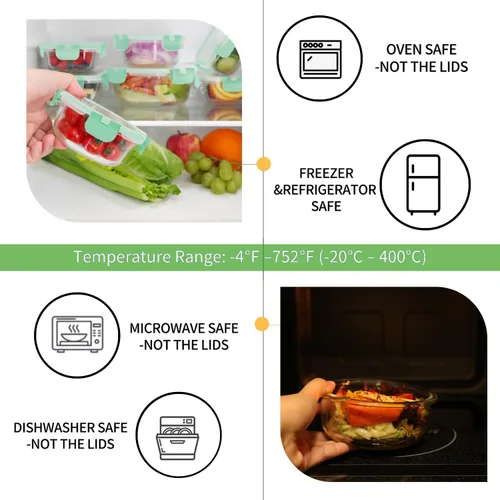 Miniatura 3 de HOMBERKING - Contenedores de vidrio con tapa para alimentos (18 piezas), contenedores de vidrio para comidas preparadas, cajas de vidrio herméticas