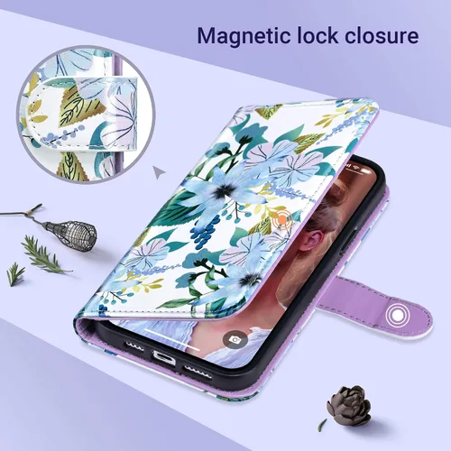 Miniatura 7 de ULAK Funda Cartera compatible con iPhone 15 Plus con tarjetero, Funda con Tapa de Flores para mujeres y niñas, de cuero PU, con soporte, correa