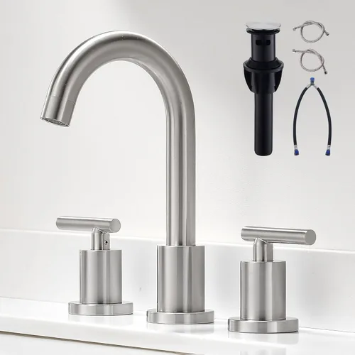 Miniatura 9 de Grifo de lavabo de baño generalizado de dos asas, grifo de tocador de 3 agujeros con drenaje emergente y líneas de suministro de grifo cUPC, grifo