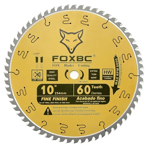 Miniatura 2 de FOXBC Hoja de sierra de mesa de corte transversal de acabado fino de 10 pulgadas, 60 dientes ATB, con eje de 5/8 pulgadas