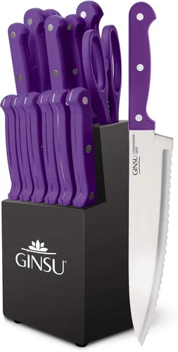 Ginsu Kiso - Juego de cuchillos morados de 14 piezas con bloque negro, apto para lavavajillas y siempre afilado Púrpura